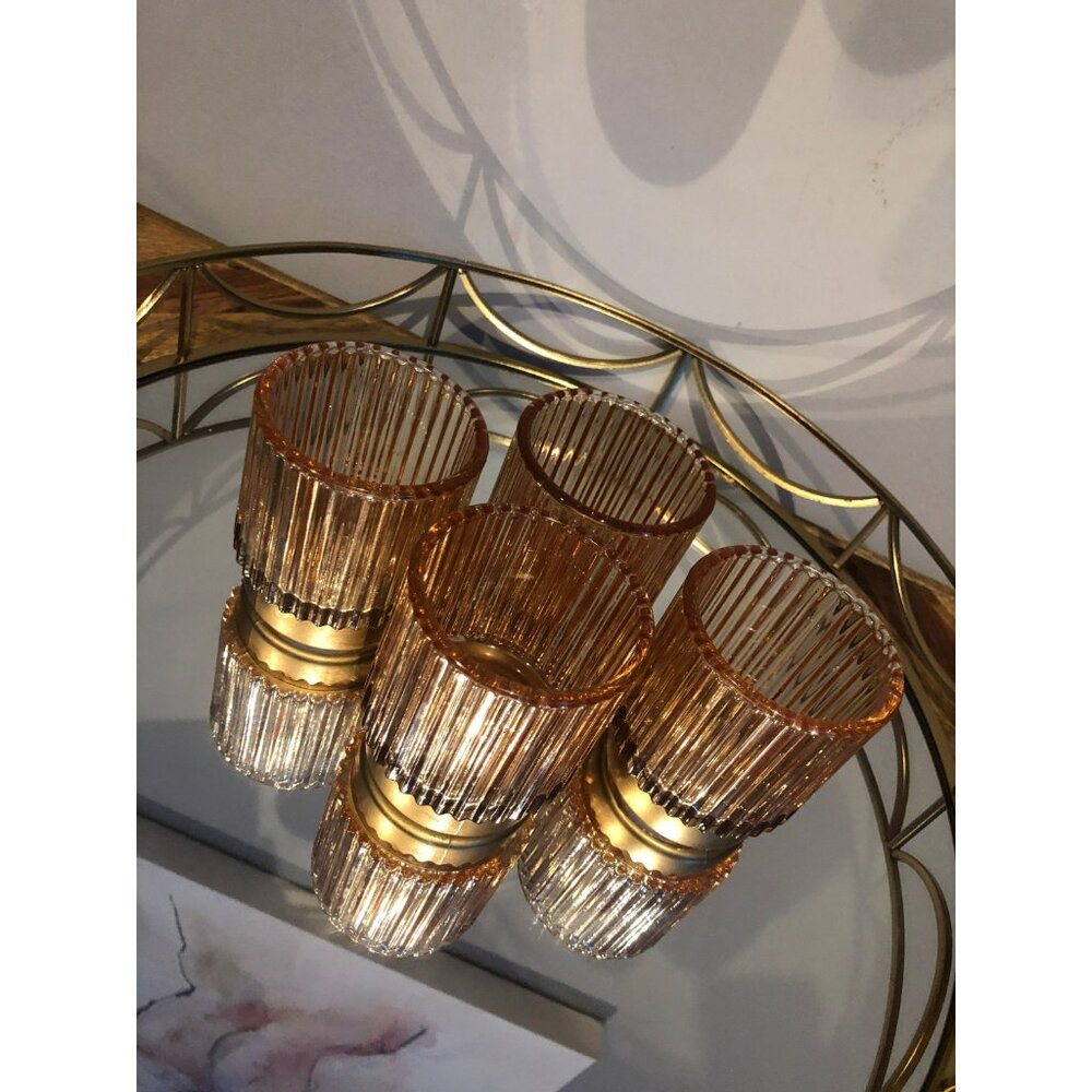Set of 3 Amber Ribbed Glass Votive Candle Holders Gold Base Mid Century Modern - Picture 2 of 4